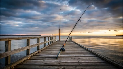 Obraz premium A Fishing Rod Leans Against a Wooden Dock at Sunset