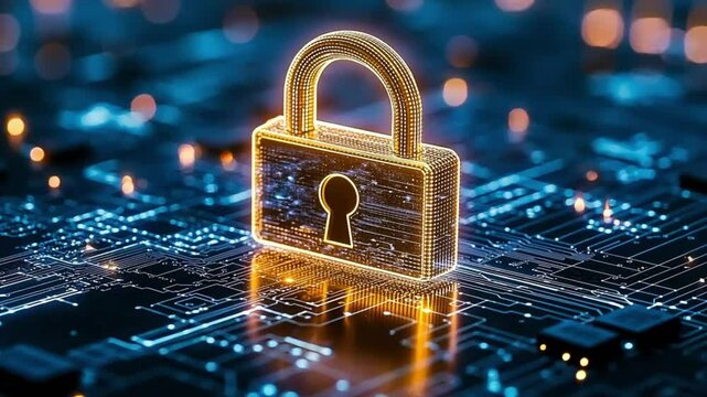 A high tech image of a digital padlock positioned on a luminous circuit background, highlighting the importance of safeguarding sensitive information in a technologically advanced virtual environment.