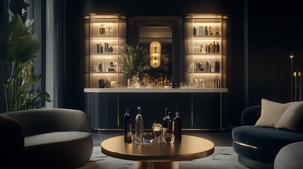 Fototapeta premium Elegant Dark Lounge Featuring a Gold Accented Bar