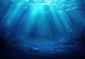 Obraz premium Tranquil Underwater Scene with Sunlight Rays Filtering Through the Surface, Creating a Peaceful and Serene Ocean Atmosphere with Clear Blue Water