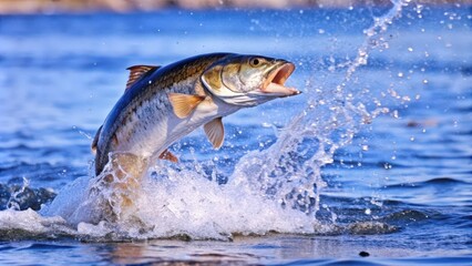 Obraz premium Fish leaping from water with splashing and a blue background