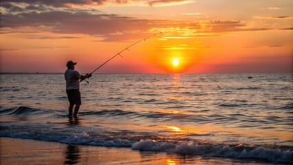 Fototapeta premium Silhouette of a Fisherman Casting a Line at Sunset Over the Ocean