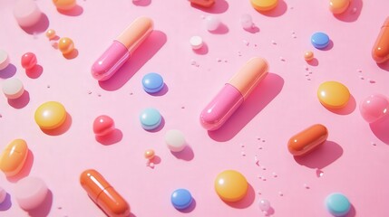 Colorful Capsules and Pills Scattered on Pink Background
