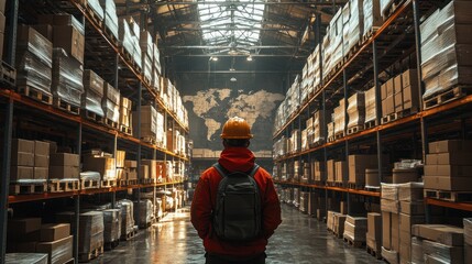 Worker Analyzes Supply Chain Management Map in Warehouse for Global Distribution and Logistics
