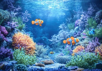 Obraz premium Underwater Scene with Colorful Coral Reef and Tropical Fish Swimming in Crystal Clear Water, Showcasing the Beauty of Marine Life and Biodiversity in the Ocean