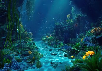 Obraz premium Underwater Scene with Vibrant Coral Reef, Colorful Fish, and Sunlight Beaming Through Water, Creating an Enchanting Marine Environment for Exploration and Discovery