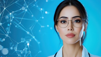 A focused woman in glasses poses against a blue background with a digital network design, symbolizing science and technology.