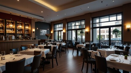 Spacious, modern restaurant interior with large windows, bar area, and elegant tables.