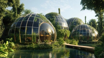 Fototapeta premium Futuristic geodesic domes nestled in lush forest, reflecting sunlight on tranquil water.