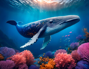 Fototapeta premium Ballena jorobada y corales de colores en el fondo del mar.