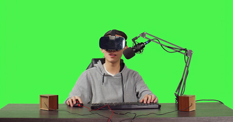 POV of content creator uses vr headset to broadcast live adventure gameplay, sitting at his...