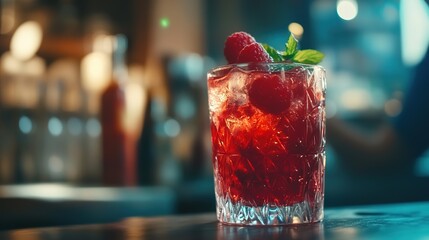 A cartoon-style illustration of raspberry tea, designed for a menu, featuring vibrant colors and a playful, whimsical aesthetic, perfect for showcasing a refreshing beverage.