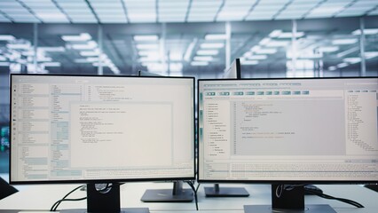 Computers in empty data center facility managing rackmounts energy consumption. Close up of script...
