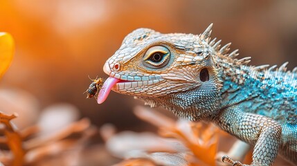 Fototapeta premium Lizard catching insect with its long pink tongue