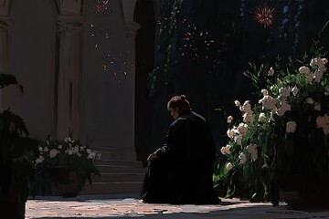 Obraz premium A person in dark robes sits alone amidst blooming white flowers, watching fireworks display in a shadowy courtyard.