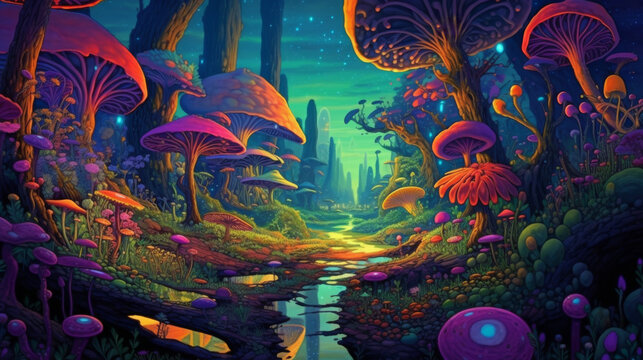 Trippy cartoon-style image of a whimsical forest HD desktop wallpaper