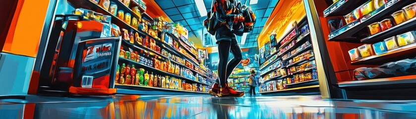 A person shopping in a colorful grocery aisle filled with various products.
