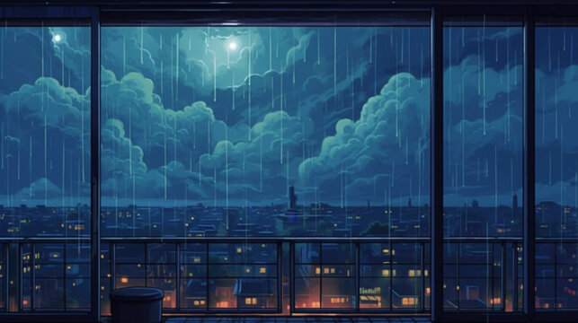 Cartoonish lo-fi image of cloudy dark blue rain HD desktop wallpaper - Powered by Adobe