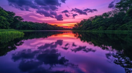 A beautiful lake reflecting the vibrant purple sky at sunset, surrounded by lush greenery and trees.