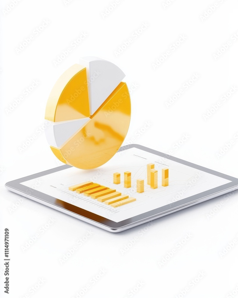 Poster data visualization action with pie chart and bar graph on tablet modern office environment digital a