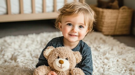 A smiling toddler holding a teddy bear, sitting on a cozy bedroom floor
