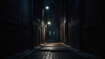 Dark, narrow alleyway at night, dimly lit by streetlamps. Cobblestone path leads to a foggy, mysterious end.