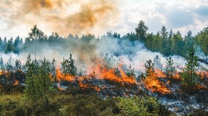 A wildfire raging across a forest, with thick smoke and orange flames in the background