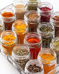 Exploring aromatic spices and herbs in jars kitchen counter food bright environment close-up perspective for culinary enthusiasts