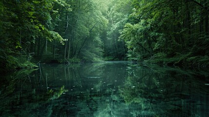 Obraz premium A tranquil pond in a dense forest where the water is perfectly still and acts as a mirror to another world