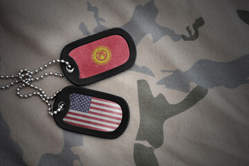 army blank, dog tag with national flag of kyrgyzstan and united states of america on the khaki...