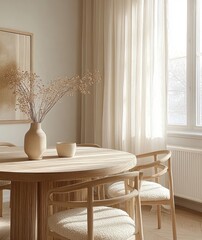 Modern Scandinavian Dining Room Interior with Round Wooden Table and Plush Chairs