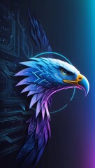 Futuristic 8K Digital Wallpaper with Abstract Eagle and Neon Circuitry Design in Electric Blue and Purple