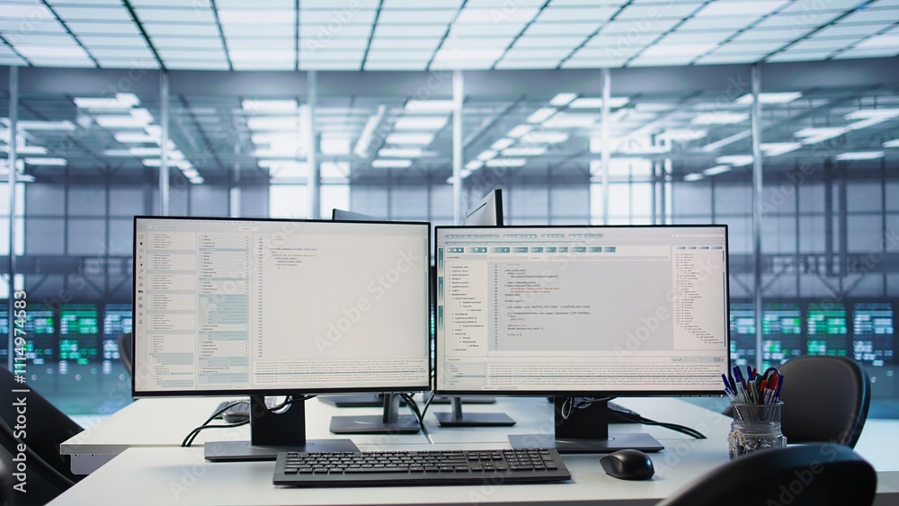 Poster lines of code running on computer screens in data center, used for troubleshooting rackmounts in ser