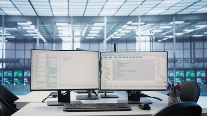 Lines of code running on computer screens in data center, used for troubleshooting rackmounts in...