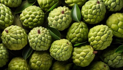 Obraz premium Flat Lay Top View of Bright Ripe Fragrant Green Sugar apple Fruit as Background
