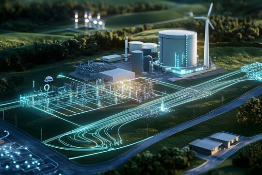 A futuristic energy facility with wind turbines and digital elements.