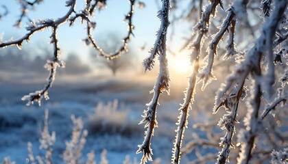 Naklejka premium frost covered branches glistening in the morning sun