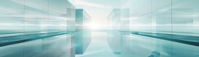 An endless bridge of frosted glass over a digital void