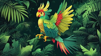 Fototapeta premium Vibrant Parrot Amid Lush Tropical Foliage