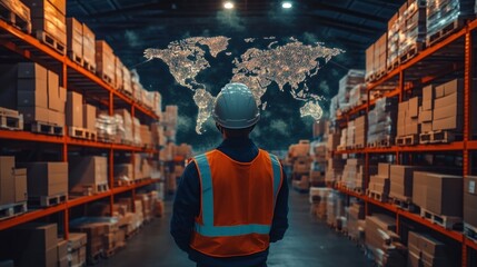 Warehouse Worker Analyzes Global Supply Chain Management Map for Efficient Logistics and International Distribution