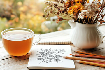 A steaming cup of tea next to a notebook with botanical sketches and colored pencils, surrounded by dried flowers on a wooden table.