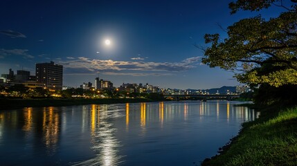 Naklejka premium The beauty of nature captured on a moonlit night beside the river, with the soft glow of the moon reflecting on the calm water, creating a serene and peaceful atmosphere, 