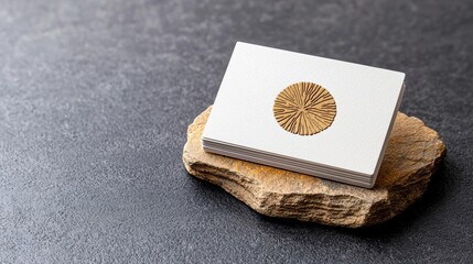 a photostock of a stack of business cards with embossed logos on a neutral stone surface, professional modern 2025