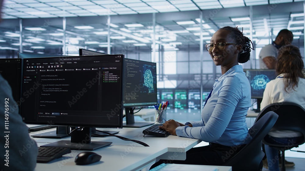 Poster portrait of smiling woman tasked with doing checkup on server room rows providing computing resource