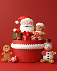 Cute santa snowman and gingerbread man in a christmas festive gift box