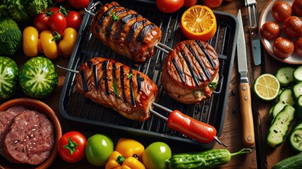 Grilled pork tenderloin skewers with fresh vegetables.