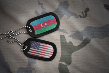 army blank, dog tag with national flag of azerbaijan and united states of america on the khaki texture background. military concept.
