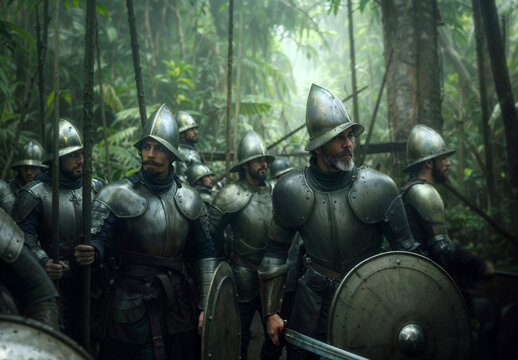 A group of Spanish conquistadors in steel armor stand amidst a misty jungle, shields and swords ready for battle. The dense forest emphasizes the danger and mystery of their journey. 