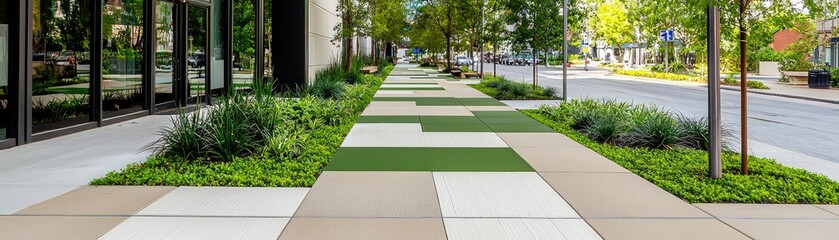 Obraz premium A modern urban sidewalk featuring alternating sections of grass and concrete, lined with trees and vibrant greenery, creating an inviting outdoor space.