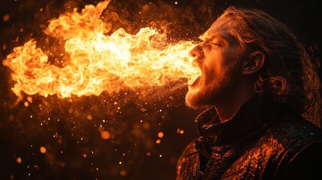 Fire Breathing Performer with Dreadlocks Creates Dramatic Fireball Display of Sparks and Flames Against Dark Background